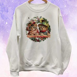 Floral Victorian Cats Sweatshirt Unisex - White